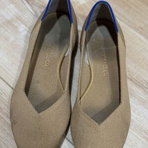 Rothy's Tan Knit Pointed-Toe Flats with Blue Trim
